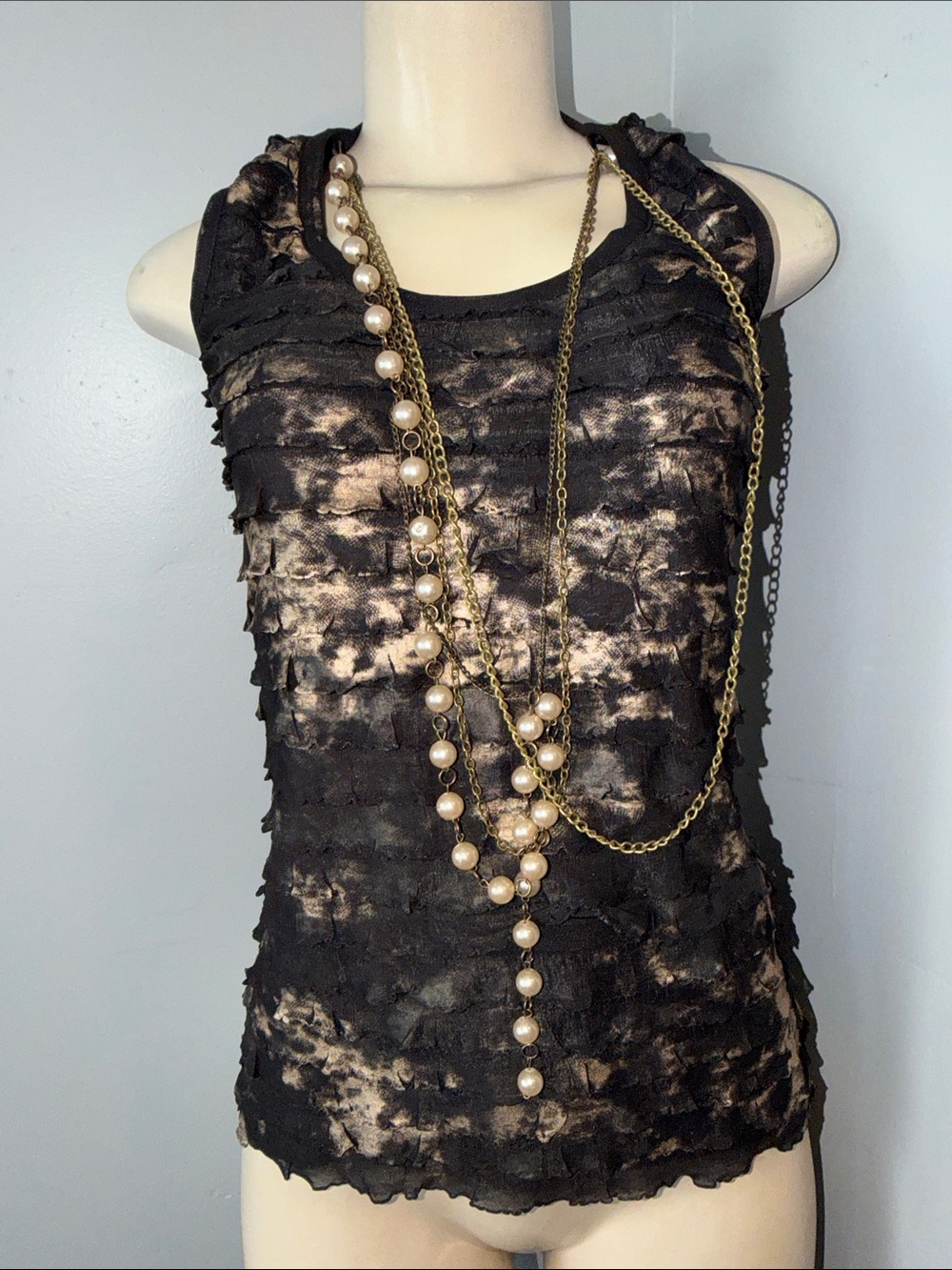Textured Black Tank with Taupe Tie-Dye Accents